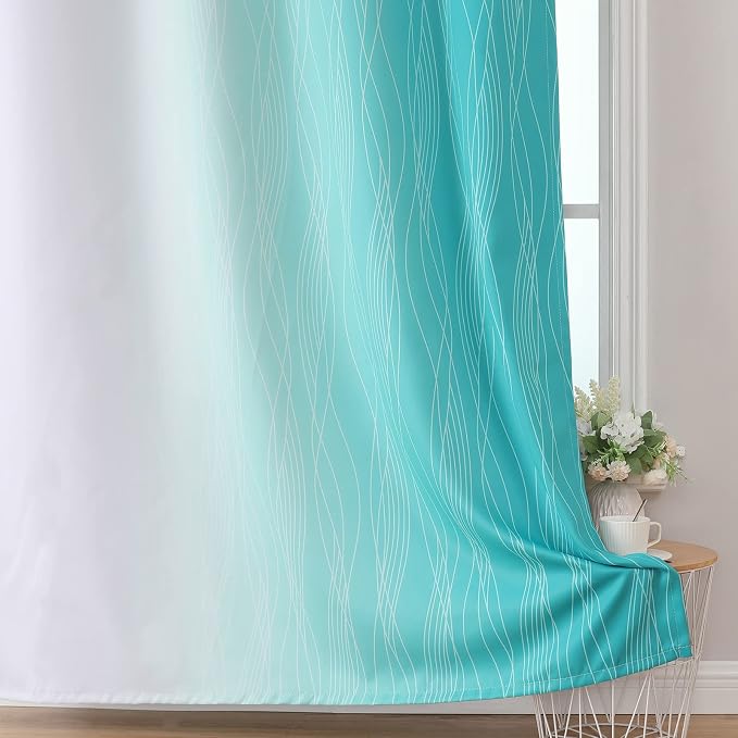 Teal and Greyish White Ombre Blackout Curtains 90 Inch Length 2 Panels Set - Image 6