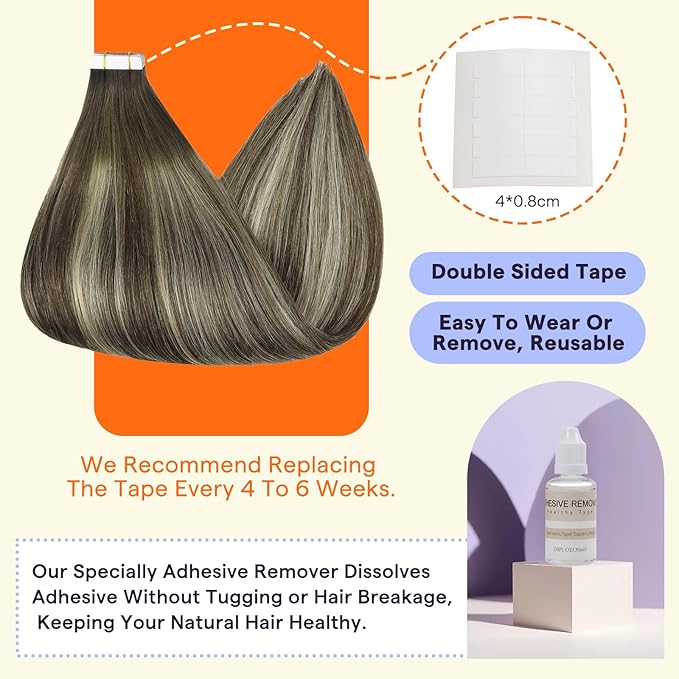 Full Shine Tape in Extensions Color 2 Fading to 60 Blonde Highlight 2 Darkest Brown Balayage 12 Inch Invisible Short Hair Extensions Tape in 30G Tape Ins Human Hair Extensions 20Pcs for Party