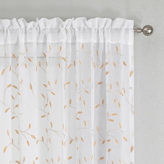 White Sheer Curtains Orange Leaf Embroidery Linen 96 Inches Long | Light - Image 3