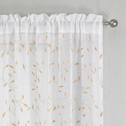 White Sheer Curtains Orange Leaf Embroidery Linen 96 Inches Long | Light - Image 3