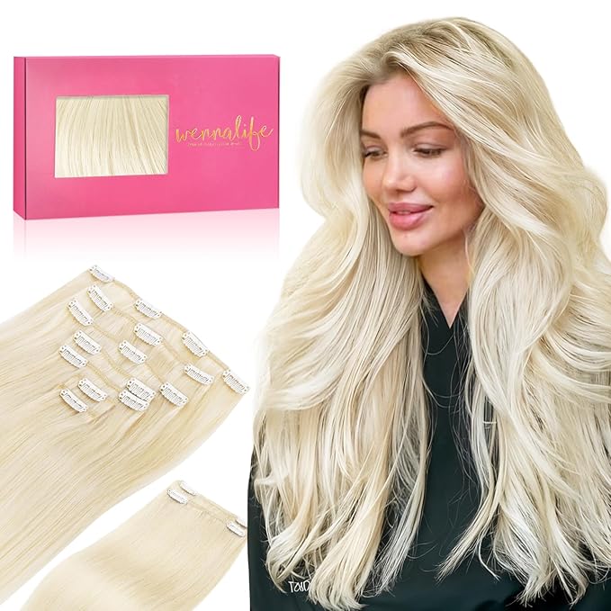 WENNALIFE Clip in Human Hair Extensions, 20 Inch 150g 9pcs Clip in Hair Extensions Real Human Hair, Platinum Blonde Human Hair Clip in Extensions Remy Human Hair Extensions Clip Ins Double Weft