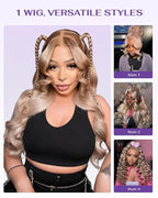 Hidden Strap Milk Tea Ash Blonde Wig Human Hair Body Wave 360 Lace Front Wig Human Hair Ombre Glueless Wigs Pre Bleached Bleached Knots 180% Density Drawstring HD Full Lace Wigs 20Inch