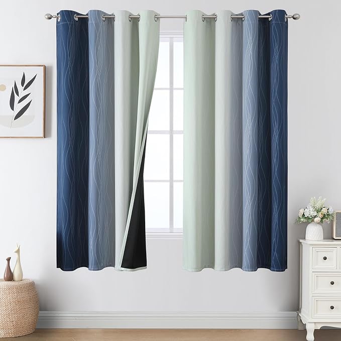 Navy Blue and Sage Green Ombre Blackout Curtains 63 Inch Length 2 Panels by ESTELARTEXTILER