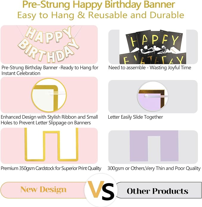 Pre-Strung Happy Birthday Banner White Party Decorations | adjustable cord - Image 4
