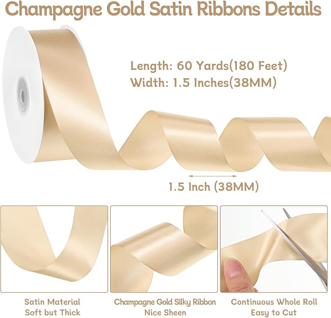 woric Champagne Gold Ribbon 1 1/2 Inch 60 Yards | Wide Gift Satin Ribbons Gold - Image 2