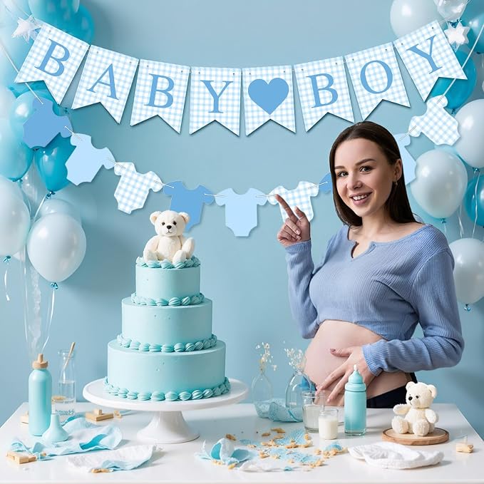Hahafelt 1 Pcs Blue Gingham Baby Boy Banner - Image 5