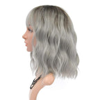 FAELBATY Grey Wigs with Bangs Women Girl's Ombre Grey Bob Wig Synthetic Cosplay Costume Wigs (12" Dark Root Ombre Grey)