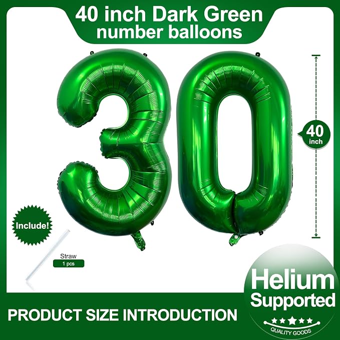 Number 30 Dark Green Balloons 40 Inch Giant Green 30 Numer Foil Helium Balloons - Image 2