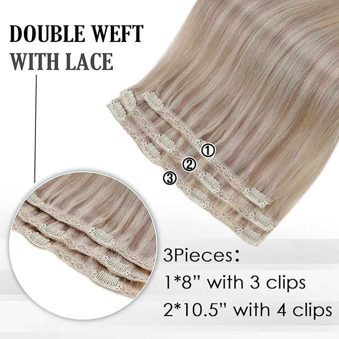 Full Shine Clip in Hair Extensions 3 Pcs 60 G Ash Blonde Highlights Bleach Blonde Human Hair Extension Clip ins Invisible Hair Extensions for Thin Hair 20 Inch