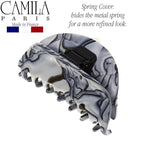Camila Paris CP2958 French Hair Ponytail Holders Ties, Flower, Handmade, Gray, Strong Hold Grip Hair Clips for Women, No Slip and Durable Styling Girls Hair Accessories, Made in France