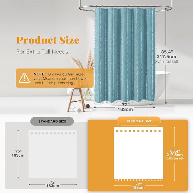 72x84 Long Boho Farmhouse Linen Heavy Duty Cloth Shower Curtain, Teal | Tall - Image 3