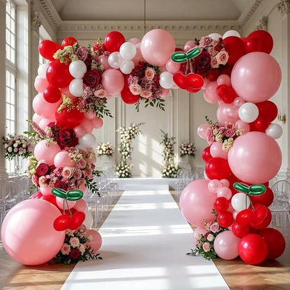 Red Pink Balloon Arch Double Stuffed Latex Pink White Pearl Balloons Red Green - Image 2