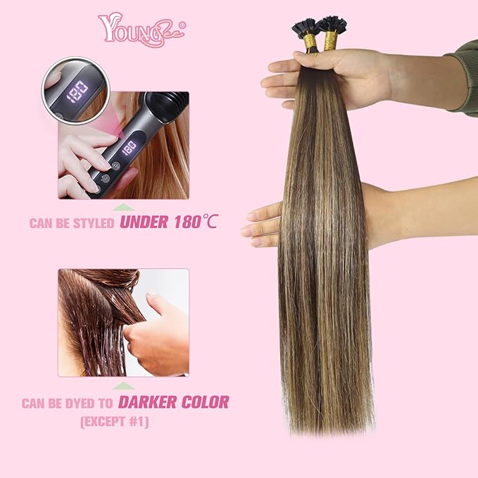 YoungSee K Tip Hair Extensions Real Human Hair Balayage Brown with Blonde 16In K Tip Keratin Hair Extensions Balayage Pre Bonded Hair Extensions Comfortable and Soft Hair Extensions Ktip 50S/50G