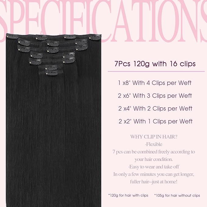 PINKPEARL Clip in Hair Extensions Real Human Hair #1 Jet Black Human Hair Extensions Clip ins 18 inch Extensions Human Hair Clip 120g 7pcs Straight Thick Natural Human Hair(#1-18)