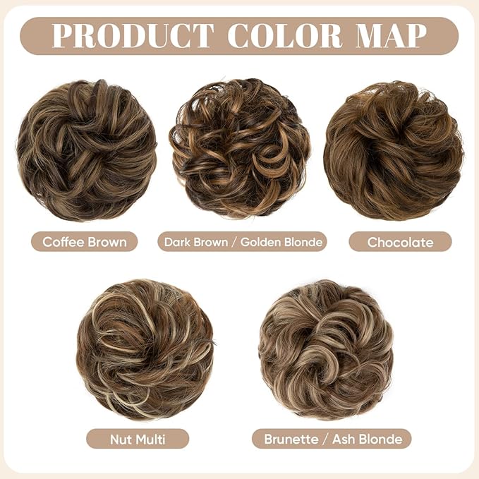 SARLA 2PCS Messy Hair Bun Hair Pieces Wavy Curly Synthetic Updo Fake Scrunchies Ponytail Extension for Women Coffee Brown