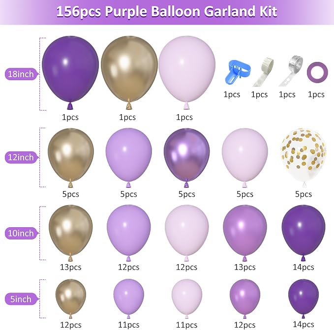 156Pcs Purple Butterfly Balloons Garland Arch Kit Different Size | Dark Purple - Image 2