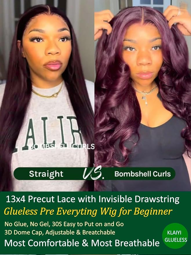 KLAIYI Black Cherry Loose Body Wave Pre Eeverything 13x4 Lace Frontal Wigs Human Hair Bye Bye Knots Glueless Ready to Wear and Go Wig with Face Framing Bangs Drawstring Pre Plucked Burgundy Wig 18Inch