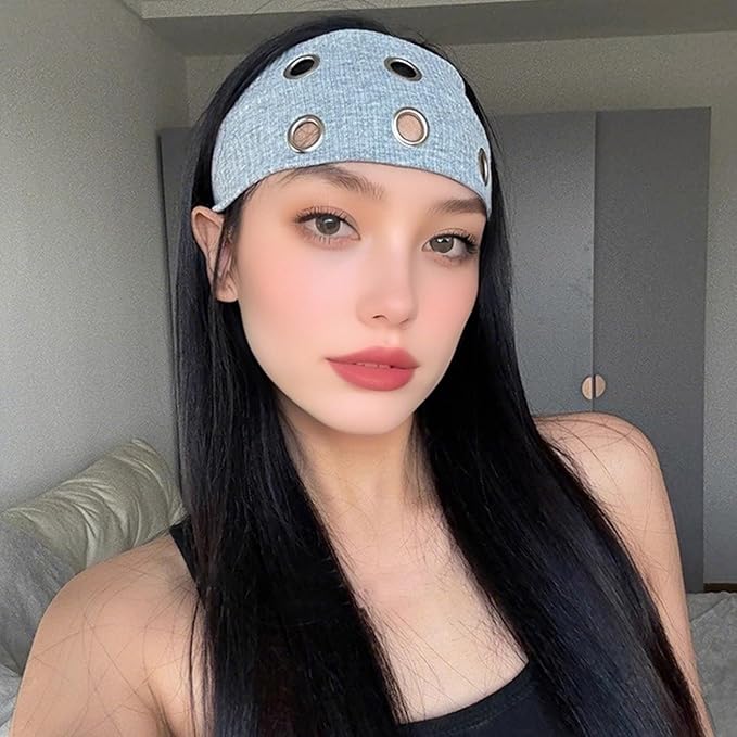 papasgix Grommet Headband for Women, Y2K Elastic Headband Wide Black Hair Band with Holes Metal Rock Style 2000s Hair Accessories (1, White)