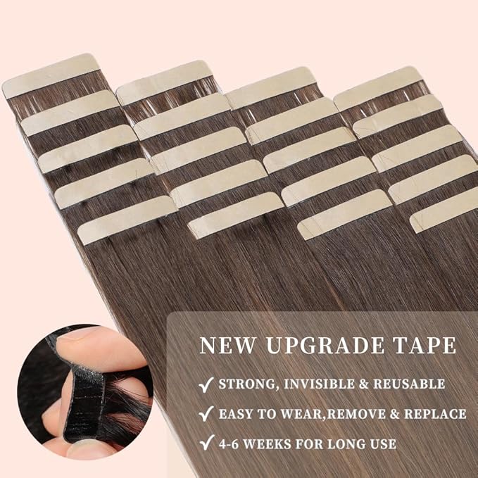 Tape in Hair Extensions Real Human Hair 24 Inch Balayage Dark Brown Mixed Chestnut Brown Double Sided Skin Weft Hair Extension Invisible Tape in Hair Extensions for Women 20pcs (2/2/6#,24 Inch)