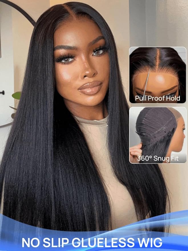 Julia Hair No Slip Yaki Straight 7x5 Lace Closure Glueless Drawstring Wig Flexible Mesh Cap Bye-Bye Slip Pre Cut HD Lace Front Pre Everything Bleached Knots Wear and Go Wig,Zero Slip Hold 26 Inch
