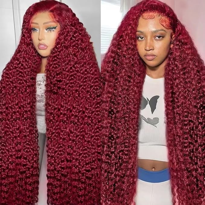 40 Inch 99J Burgundy Lace Front Wigs Human Hair Red Burgundy Wig 200% Density 13x6 Deep Wave Lace Front Wigs Human Hair Pre Plucked Glueless HD Lace Frontal Wigs for Women