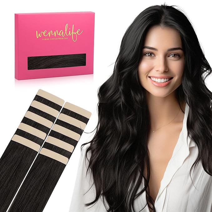WENNALIFE Tape in Hair Extensions Human Hair Natural Black Tape in Extensions, 10pcs 25g 14 inch Remy Invisible Tape Ins Straight Colored Soft Real Human Hair Tape in Extensions Refill Set Extensions