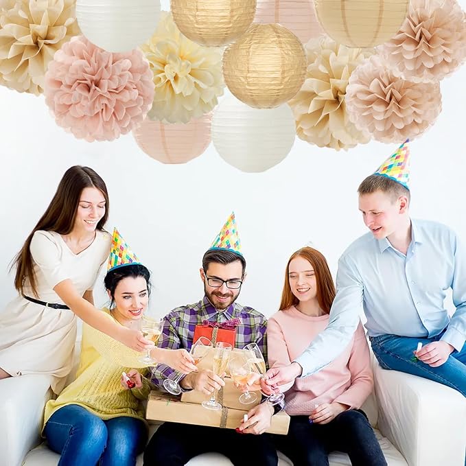 Champagne-Gold White Party-Decorations Paper-Flowers Lanterns - Image 5