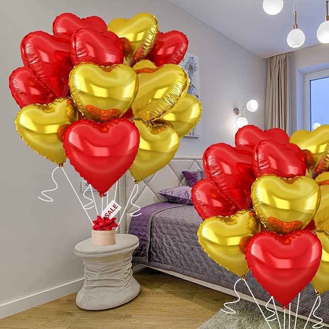 Gold-Red Heart Balloons, 18inch Gold Heart Shaped Foil Balloons & Red Foil - Image 4