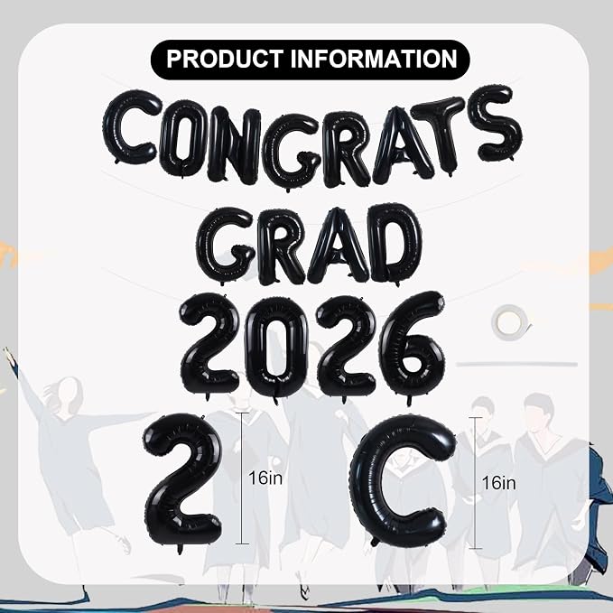 TONIFUL Graduation Balloons 16 Inch Black Congrats Grad Balloons 16 Inch Black - Image 2