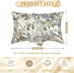 Silk Pillow Case for Hair and Skin Abstract Blue Beige Floral and Bird Standard Size Silk Pillow Case with Zipper Super Soft Pillow Covers for Women Bed Sleeping, 20x26 Inches