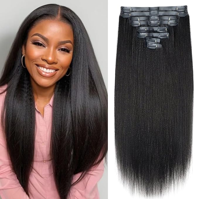 Seamless PU Yaki Straight Clip in Hair Extensions Real Human Hair For Women Invisible Yaki Straight Clip ins (16inch,#1B)
