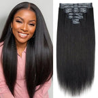 Seamless PU Yaki Straight Clip in Hair Extensions Real Human Hair For Women Invisible Yaki Straight Clip ins (16inch,#1B)