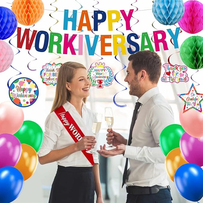 Work Anniversary Decorations, Pre-Strung Iridescent Happy Workiversary Banner - Image 6