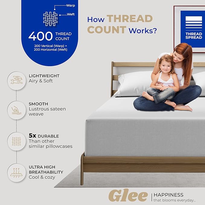 THREAD SPREAD 100% Cotton King Size Pillowcases Sets of 4-400 Thread Count Cotton Pillow Cases, Ultra Soft Cooling Sateen Weave Pillowcases, Set of 4 Pillow Covers for King Pillows - Silver