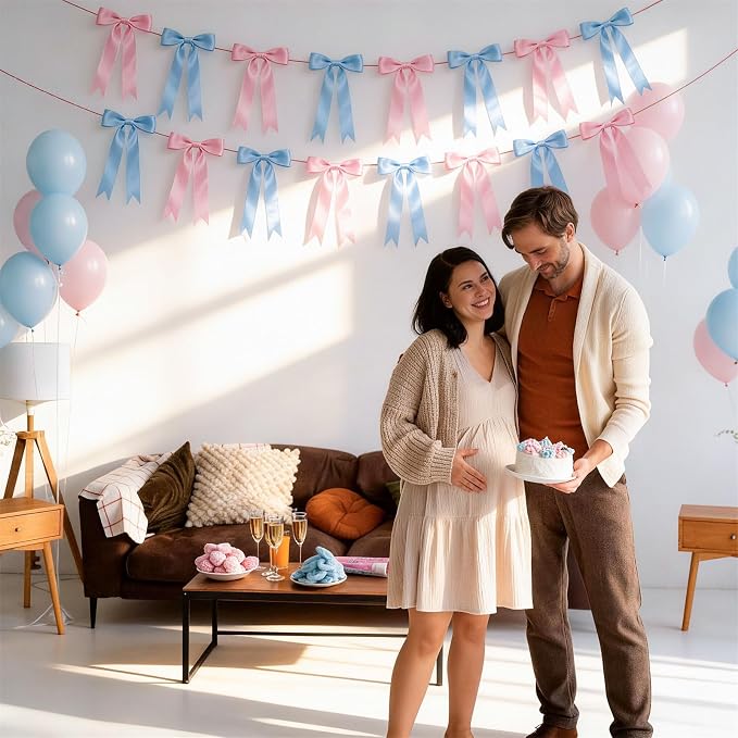 2 Strings Baby Pink & Blue Bow Garland Banner Decorations - Image 8