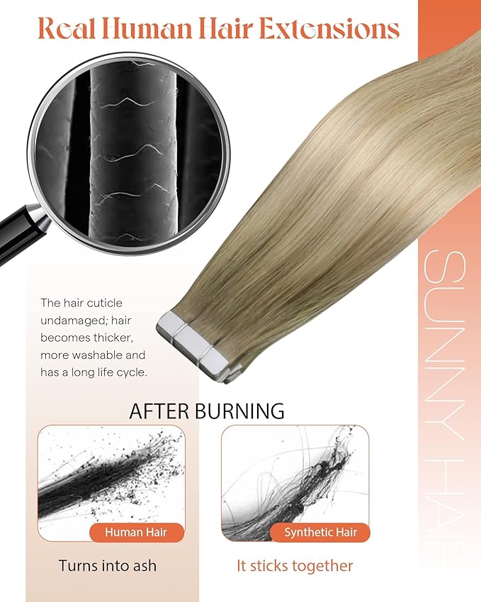 Sunny Hair Tape in Hair Extensions Real Human Hair Invisible Remy Hair Extensions Tape ins for Women Ash Blonde Root to Platinum Blonde Balayage 18 inch 20Pcs 50G