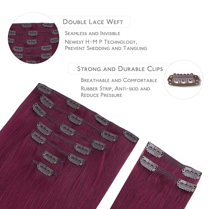 WENNALIFE Light Burgundy Human Hair Extensions - 150g 20 Inch 9pcs Thicker Clip in Set Double Weft Real Human Hair
