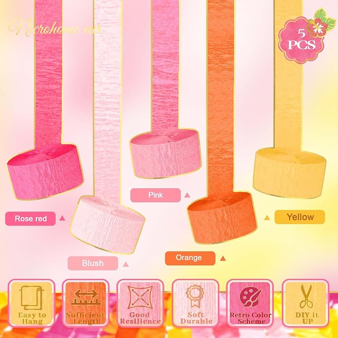 NICROHOME EUR Retro Orange Pink Summer Party Crepe Paper Streamers 5 Rolls | - Image 2