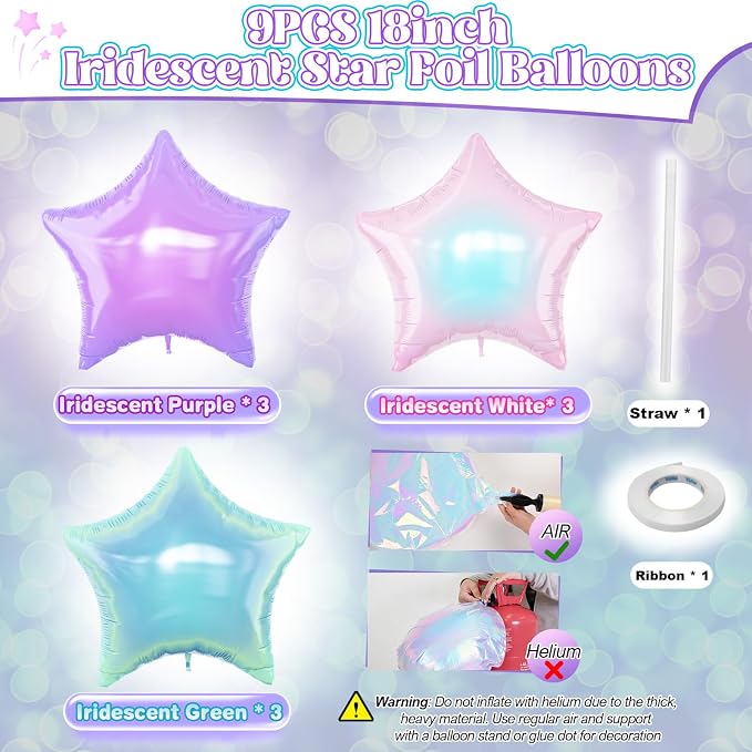 Iridescent Star Balloons, Gradient Iridescent Pink Purple Green Pentagram - Image 2
