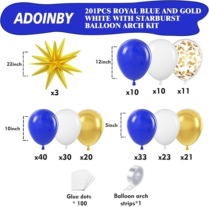 201Pcs Royal Blue and Gold Balloon Arch Kit, Explosion Star Blue Gold and White - Image 2