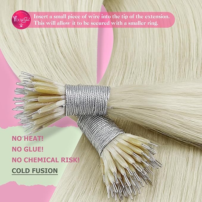 YoungSee Nano Beads Hair Extensions Human Hair Platinum Blonde Nano Ring Hair Extensions White Blonde Nano-Tip Extension 14inch 50g/50s Cold Fusion for Weddings and Special Occasions