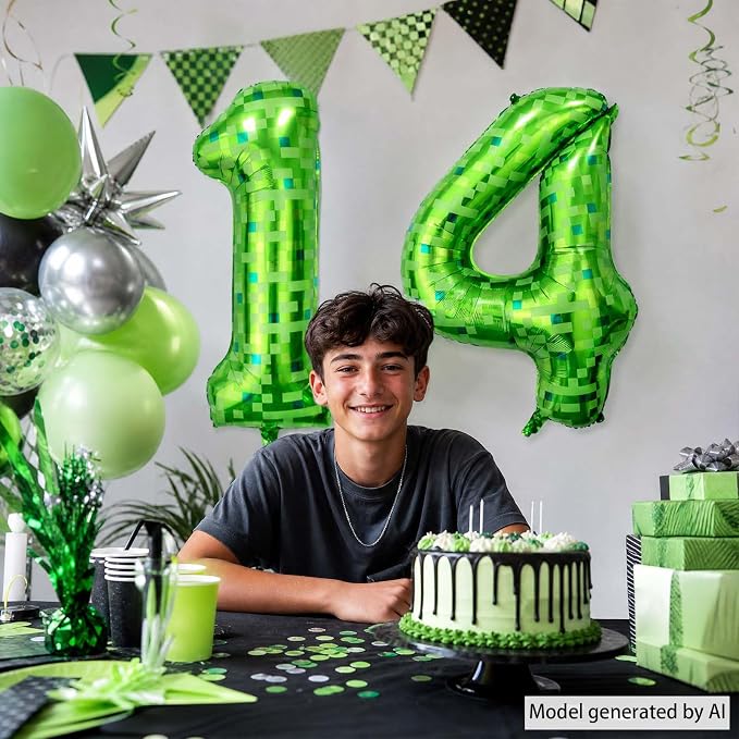 40 Inch Lime Green Pixel Number 14 Balloon, 14th Gaming Birthday Decor | Giant - Image 6