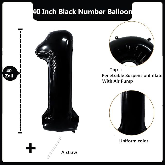 40 inch Black 1 Number Balloon Giant Foil Helium Balloons Black Large Digital - Image 2
