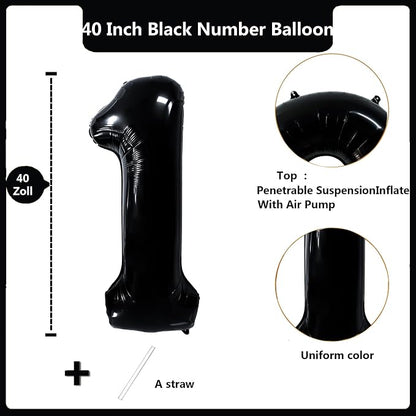 40 inch Black 1 Number Balloon Giant Foil Helium Balloons Black Large Digital - Image 2