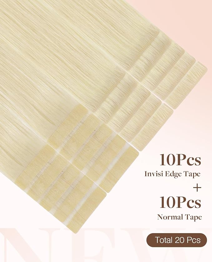 GOO GOO Invisi Edge Tape in Hair Extensions Human Hair, 60A Platinum Blonde 10pcs injected with 10pcs classical tape ins, 24inch 50g, Virgin Remy Hair, Natural Look