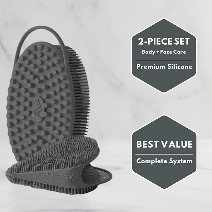 Body Face Scrubber Set Silicone - 2 Pack Shower Brush Facial Cleansing Kit - Avilana Bath Loofah Alternative Complete Skincare System Dual Sided - Gift Set Women Men