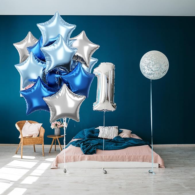Blue Star Foil Balloons, 18 Inch Royal Blue Silver Stars Shape Foil Helium - Image 5