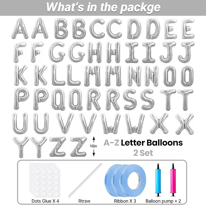 LIOZEOKUN Letter Balloons 16 Inch Alphabet A-Z Mylar Foil Balloons 2 Set - Image 2
