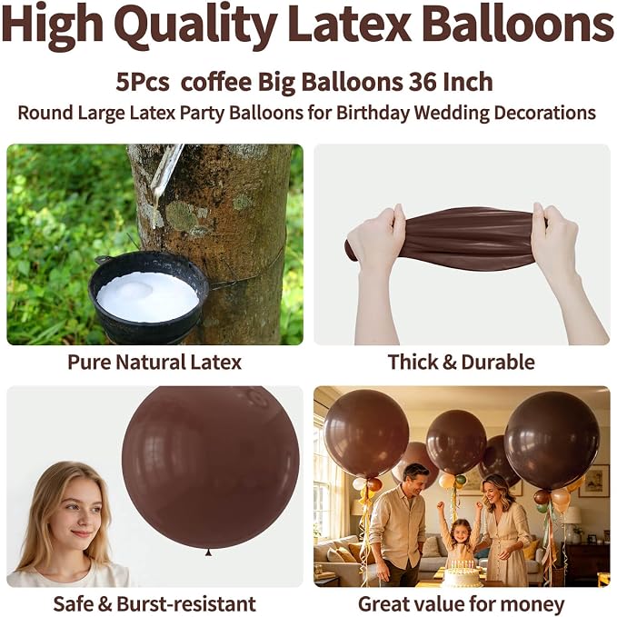 5Pcs Brown Big Balloons 36 Inch, Round Large Latex Party Balloons - Image 2