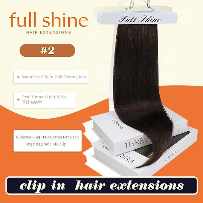 Full Shine Seamless Clip in Hair Extensions Human Hair Brown Remy Hair Extensions Clip in Darkest Brown Straight Natural Hair Extension for Women 12 Inch 8 PCS 95 G